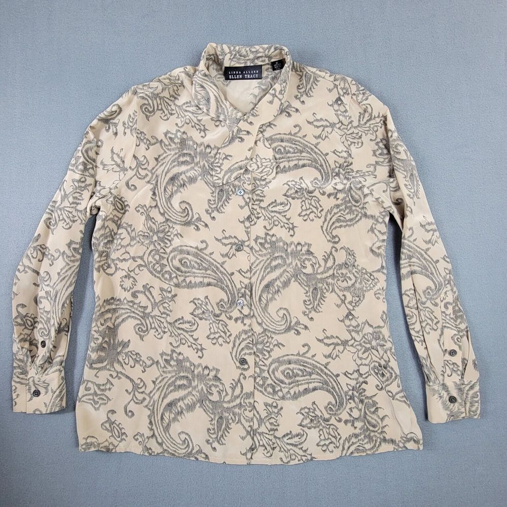 Linda Allard Ellen Tracy Blouse Womens 12 Ivory Long Sleeve Paisley 100% Silk